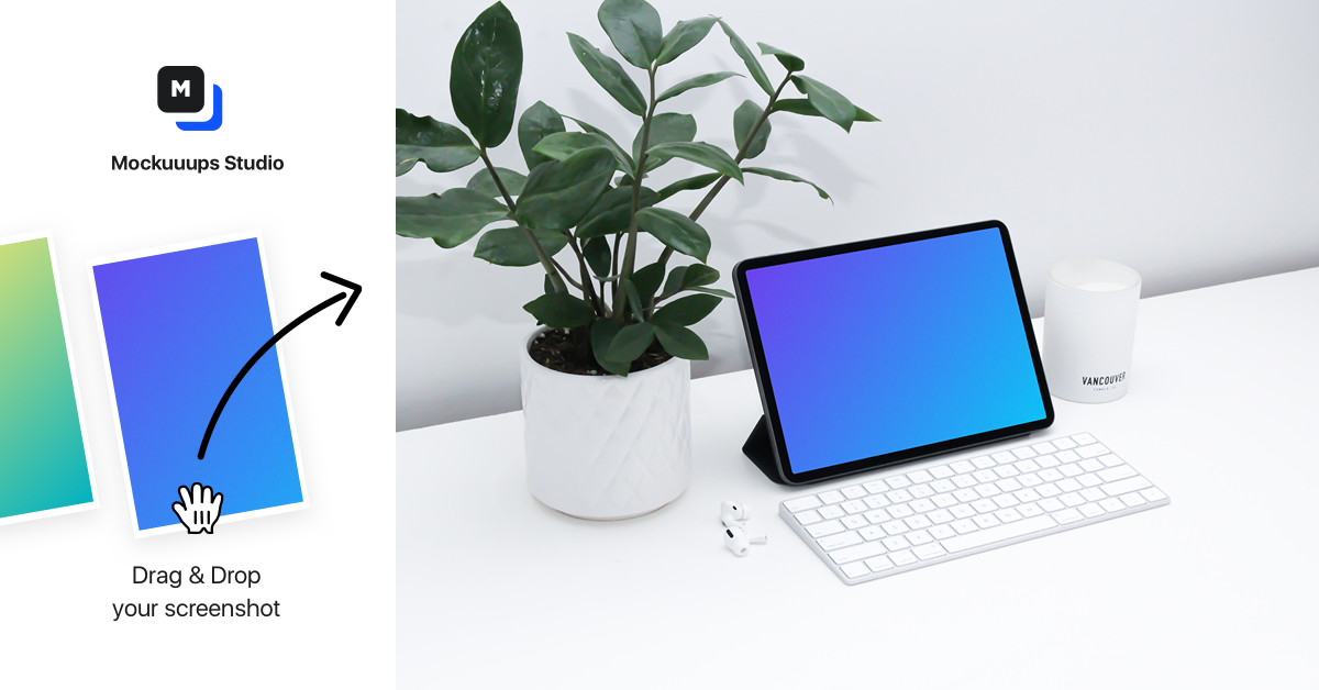 Ipad Mockup On A White Table Beside Airpods Pro Mockuuups Studio