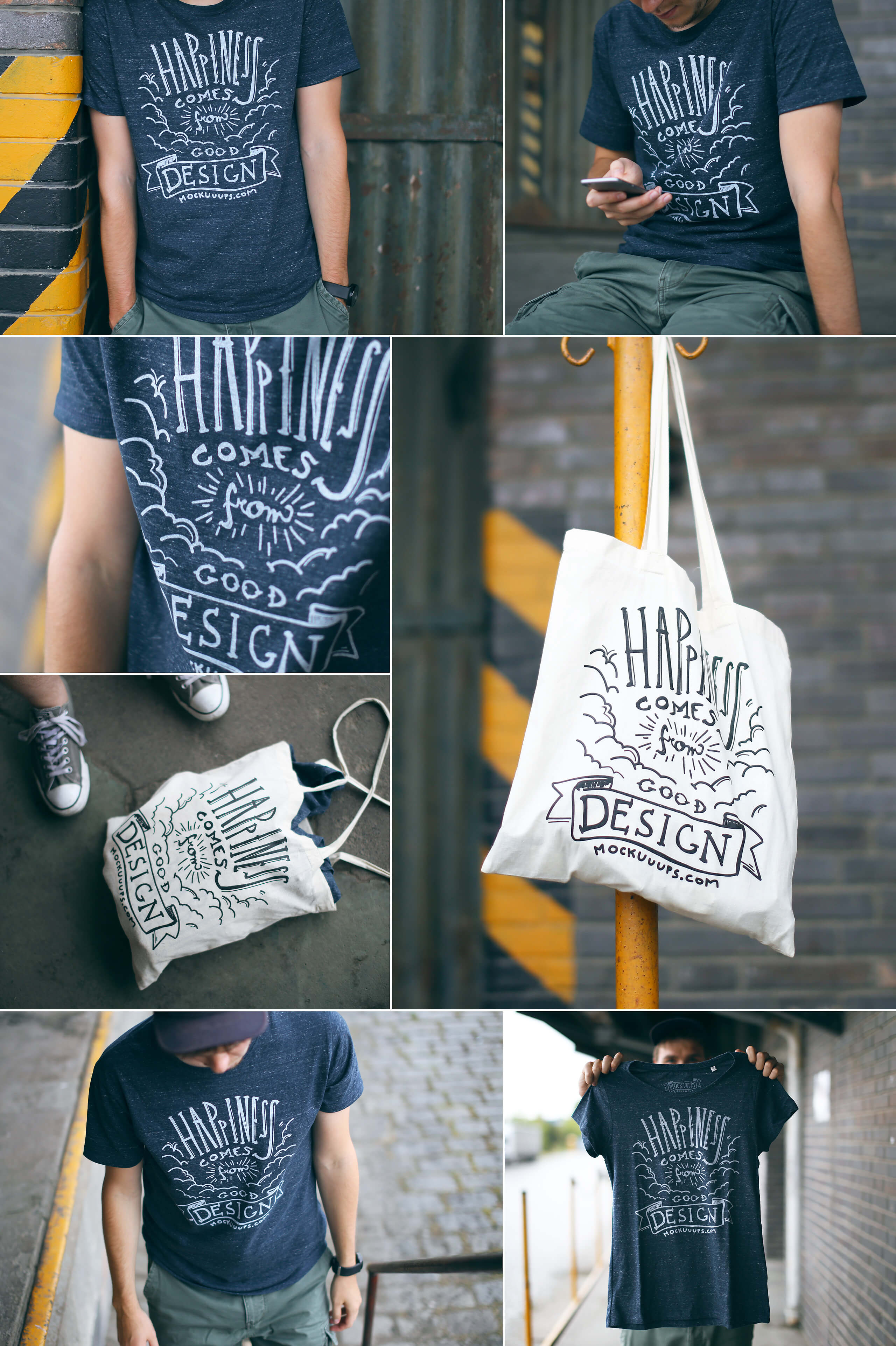 Mockuuups Equipment lookbook. Photos of people wearing t-shirts and canvas bags with impring of "Happiness Comes from Good Design"
