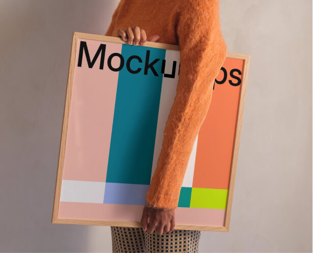Square poster mockup in frame with graphic design from Figma