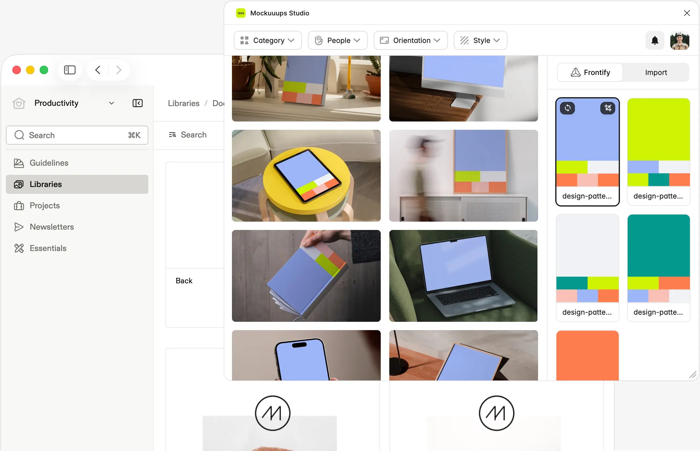 Mockuuups Studio app open inside Frontify DAM showing device and print mockup library