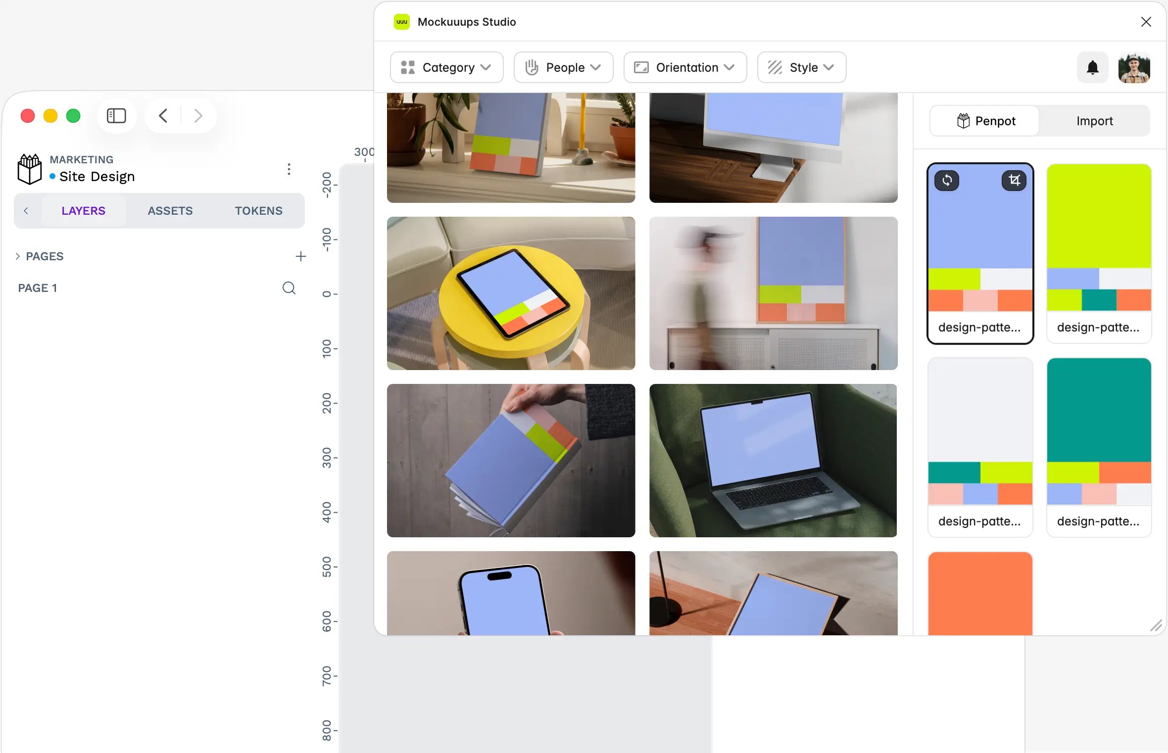 Mockuuups Studio plugin open inside Penpot showing device and print mockup library