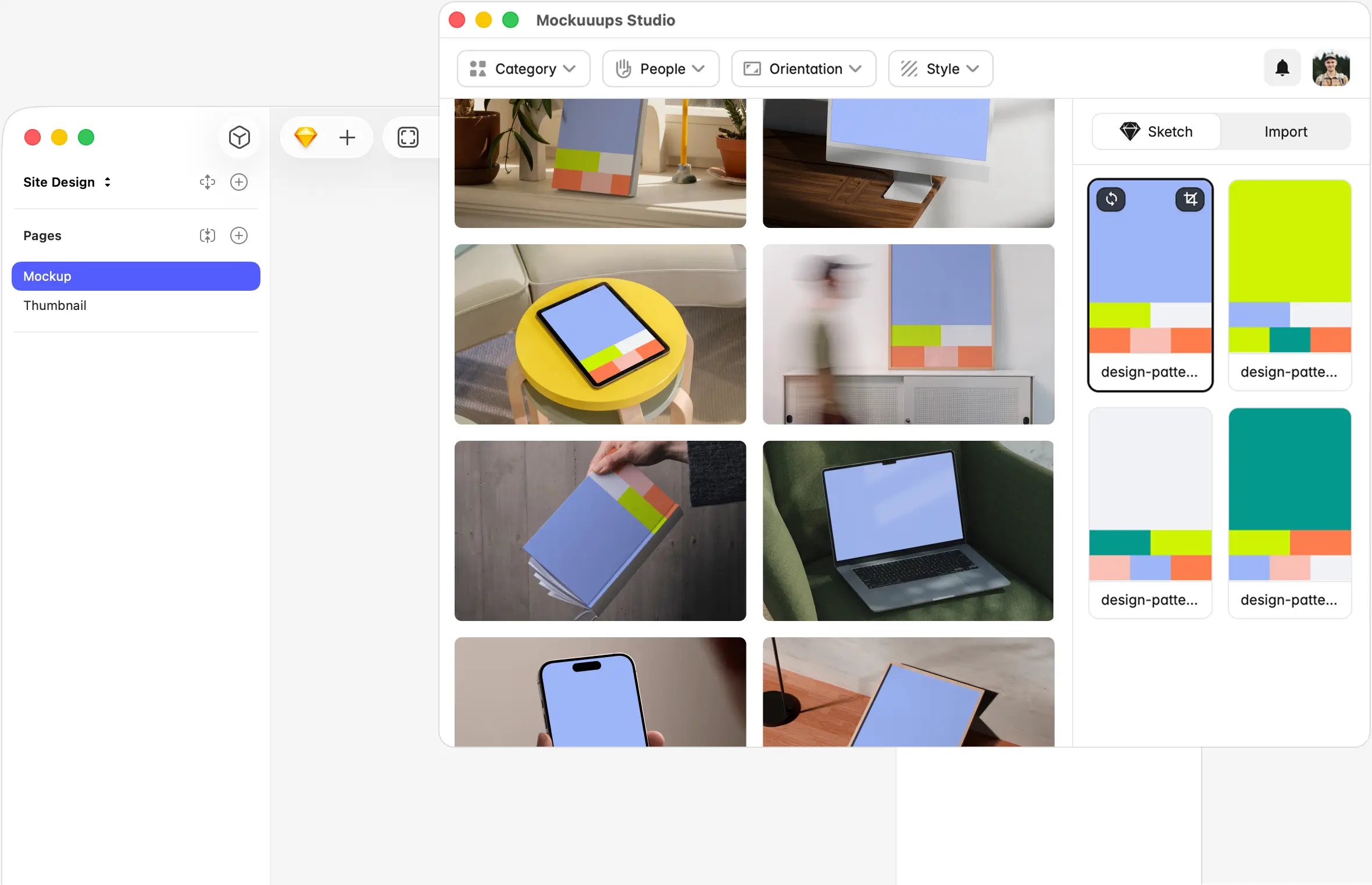 Mockuuups Studio plugin open inside Sketch showing device and print mockup library