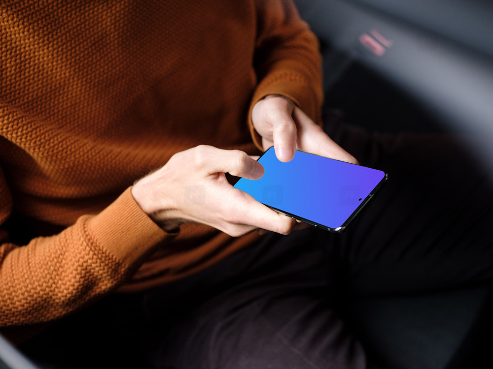 Car passenger typing on Samsung S20 mockup