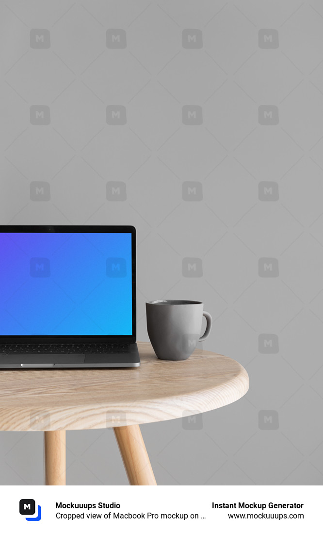 Download Cropped view of Macbook Pro mockup on wooden table - Mockuuups Studio