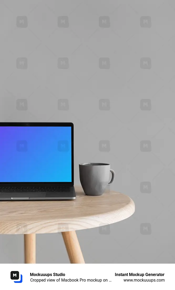 Download Cropped view of Macbook Pro mockup on wooden table - Mockuuups Studio