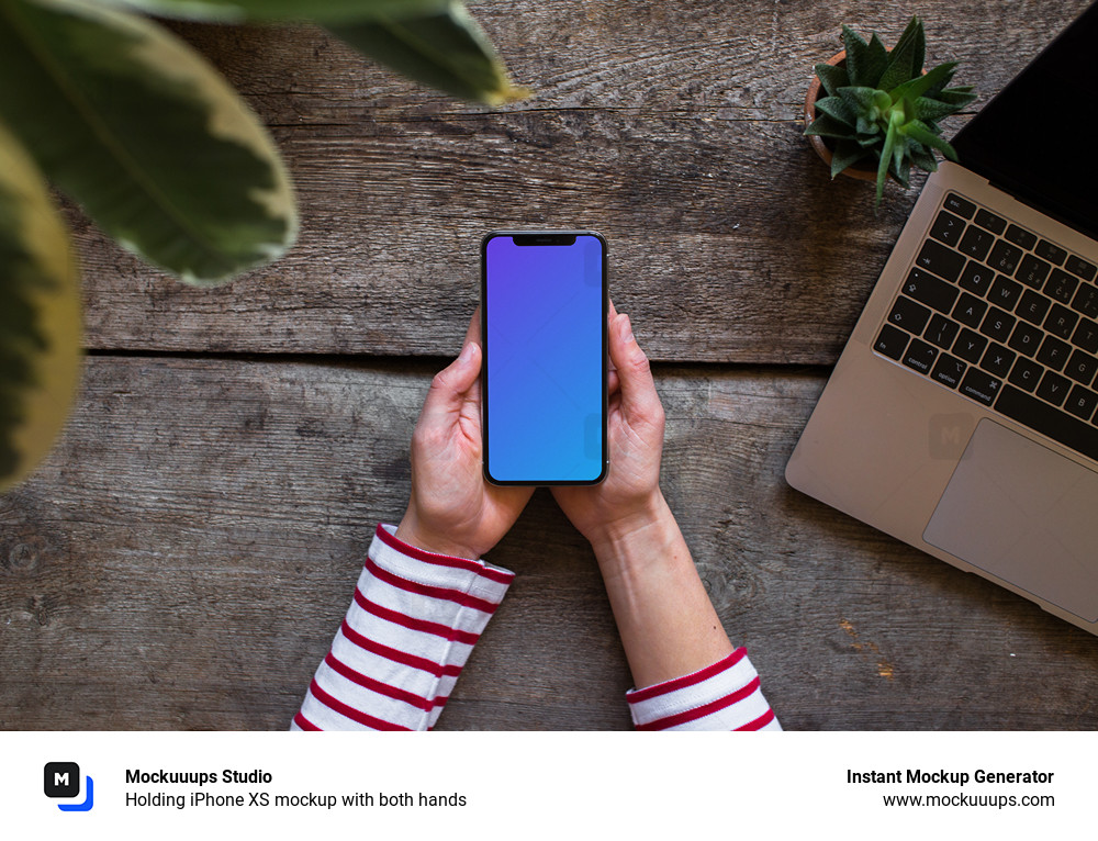 Download Holding iPhone XS mockup with both hands - Mockuuups Studio