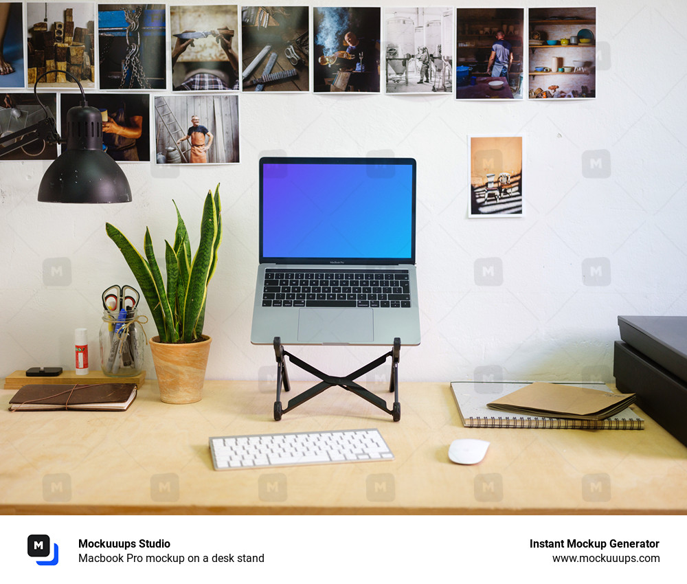 Download Macbook Pro mockup on a desk stand - Mockuuups Studio