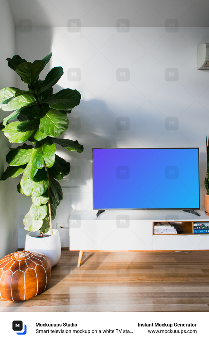 Smart television mockup on a white TV stand