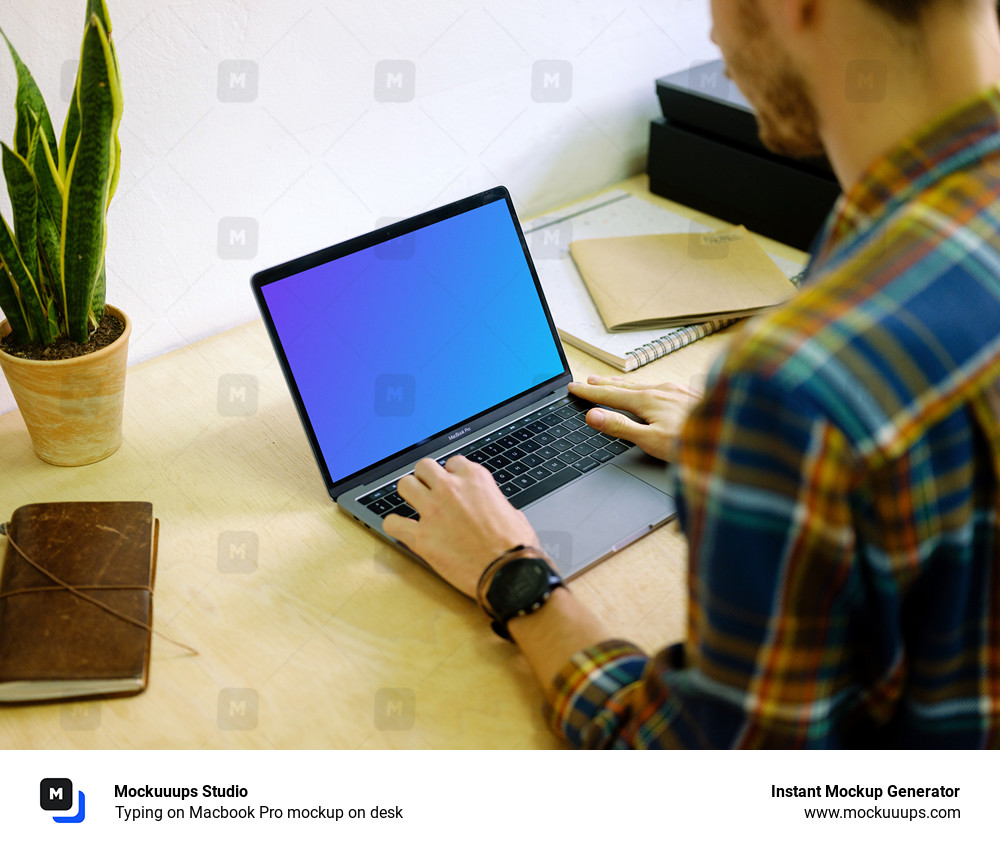Download Typing on Macbook Pro mockup on desk - Mockuuups Studio