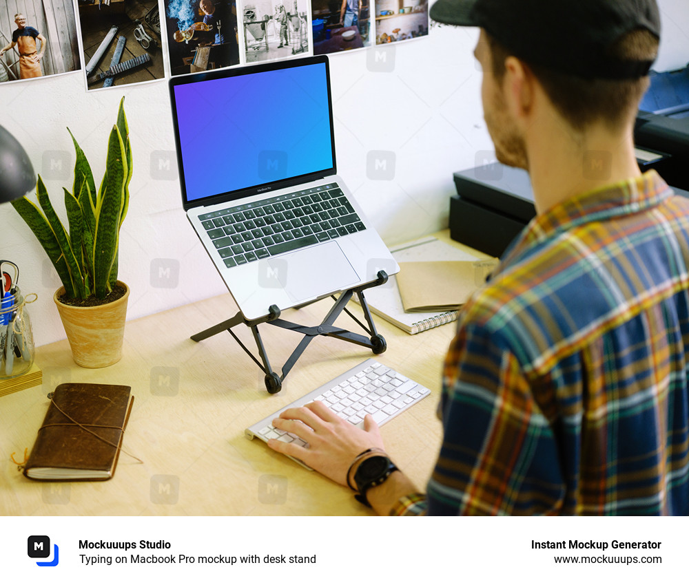 Download Typing on Macbook Pro mockup with desk stand - Mockuuups Studio