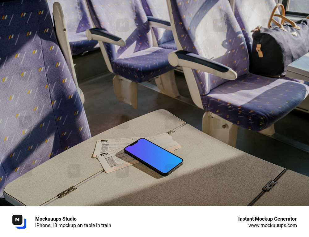 iPhone 13 mockup on table in train 