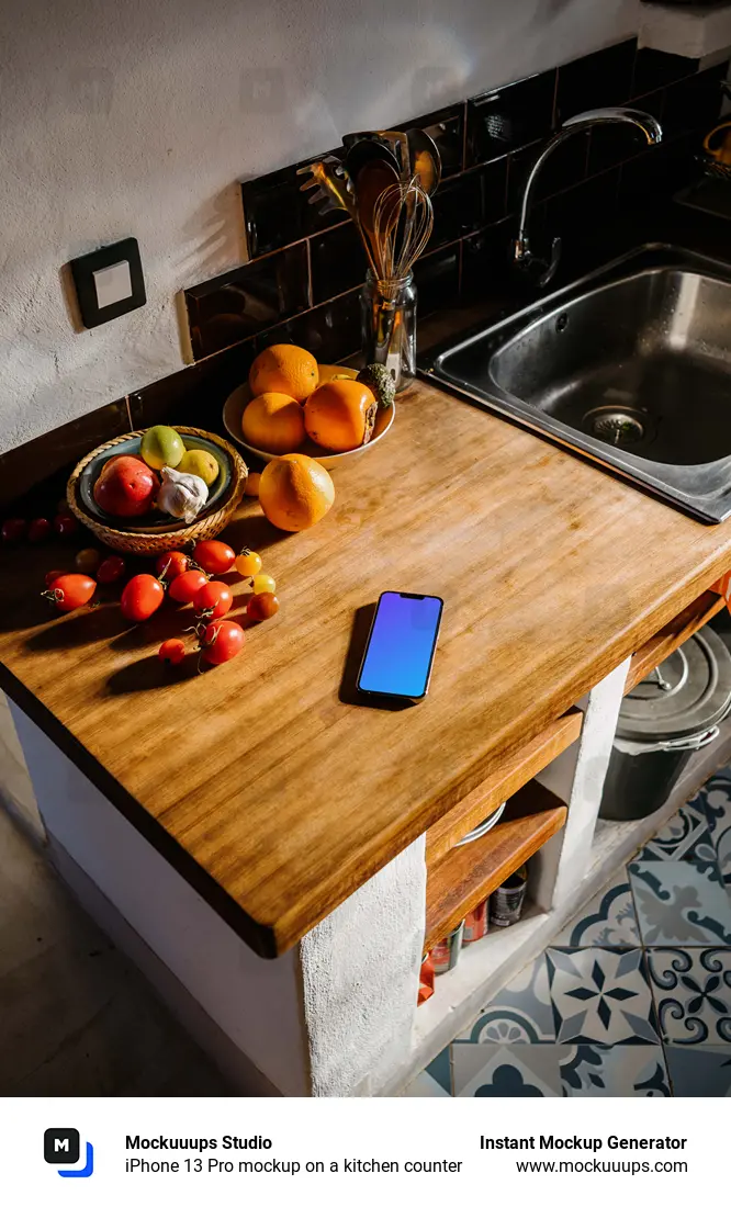 iPhone 13 Pro mockup on a kitchen counter