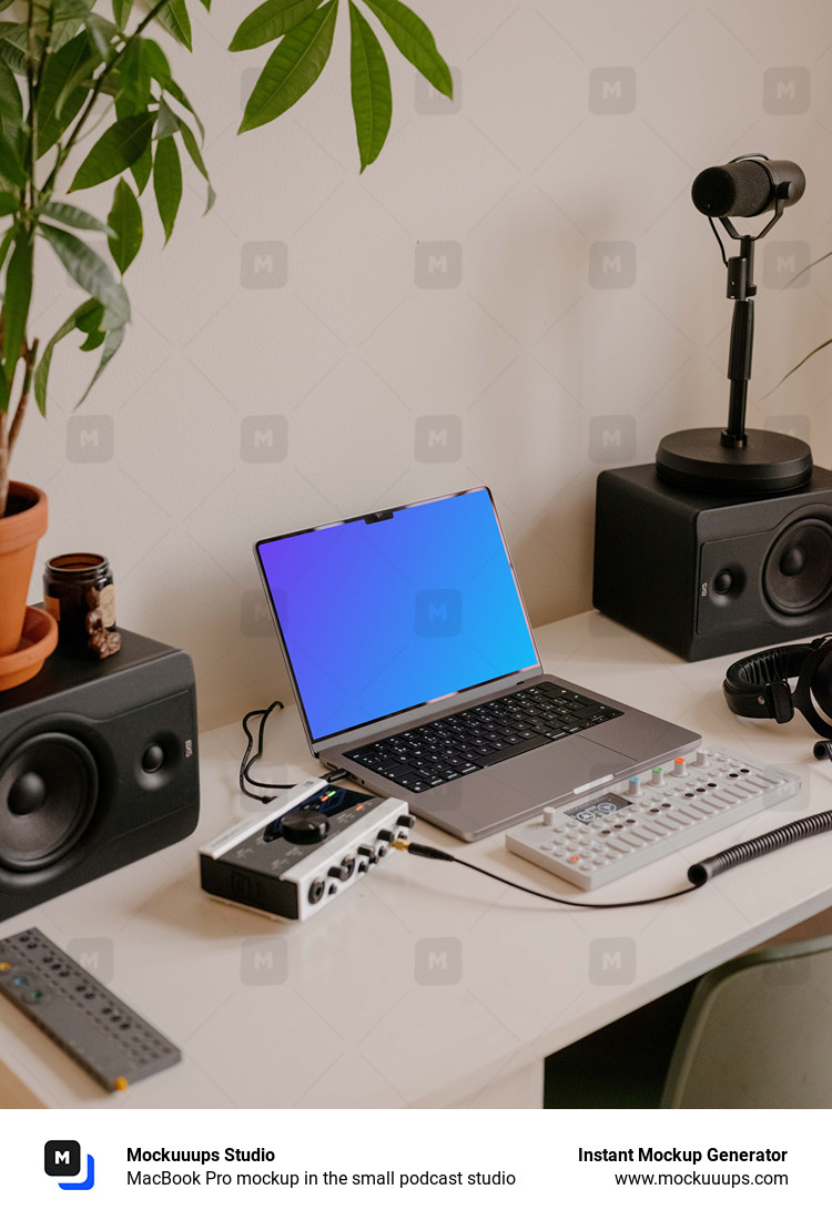 MacBook Pro mockup in the small podcast studio