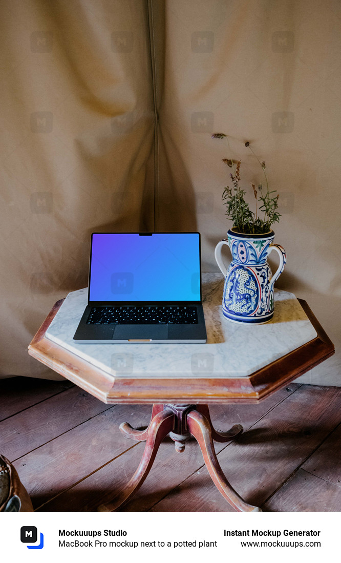 MacBook Pro mockup next to a potted plant