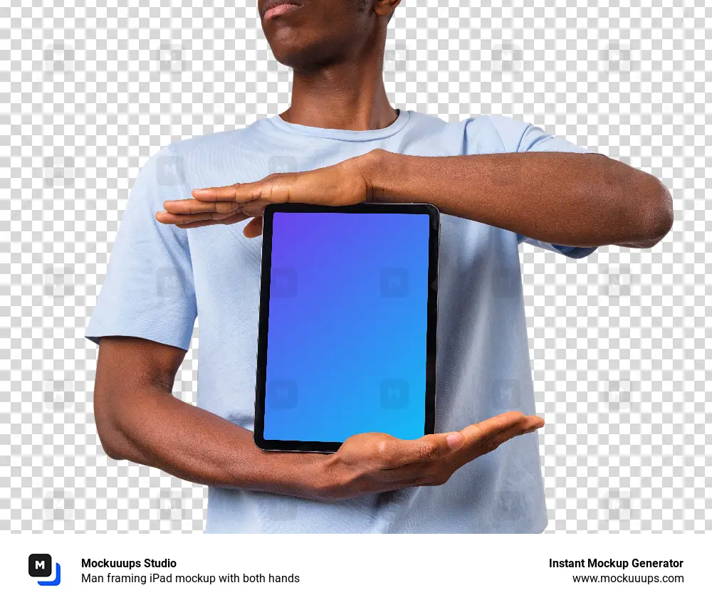 Man framing iPad mockup with both hands