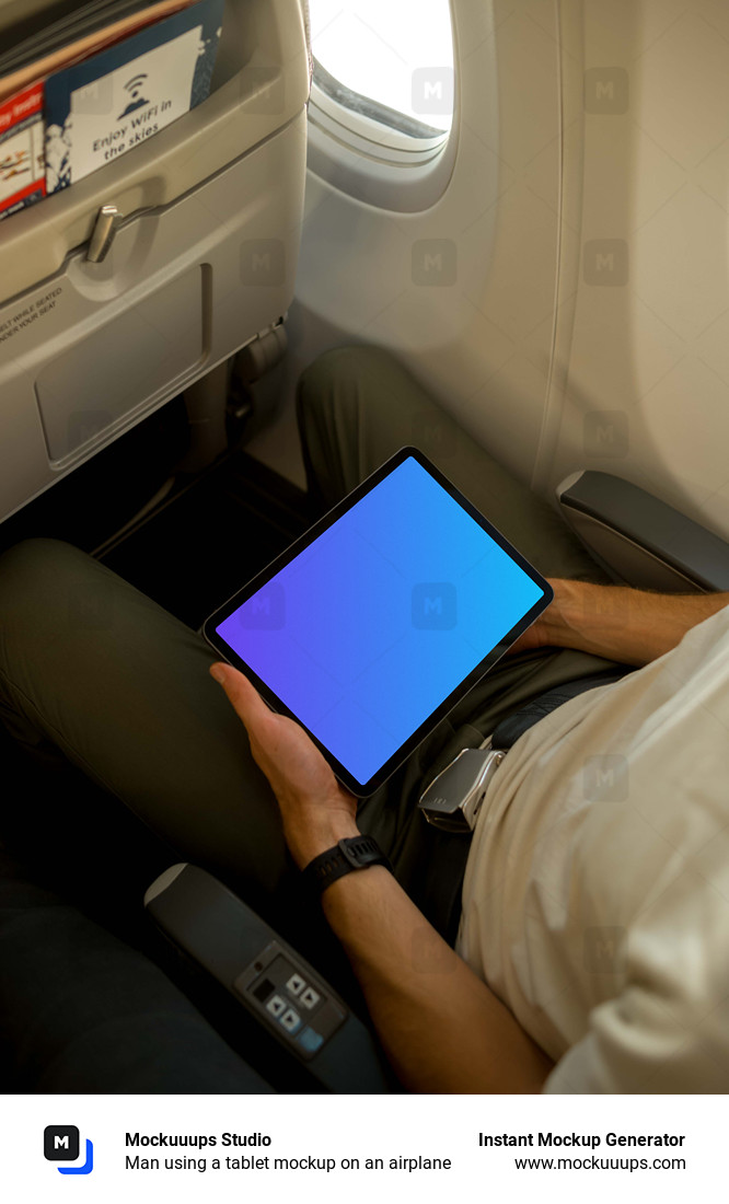 Man using a tablet mockup on an airplane