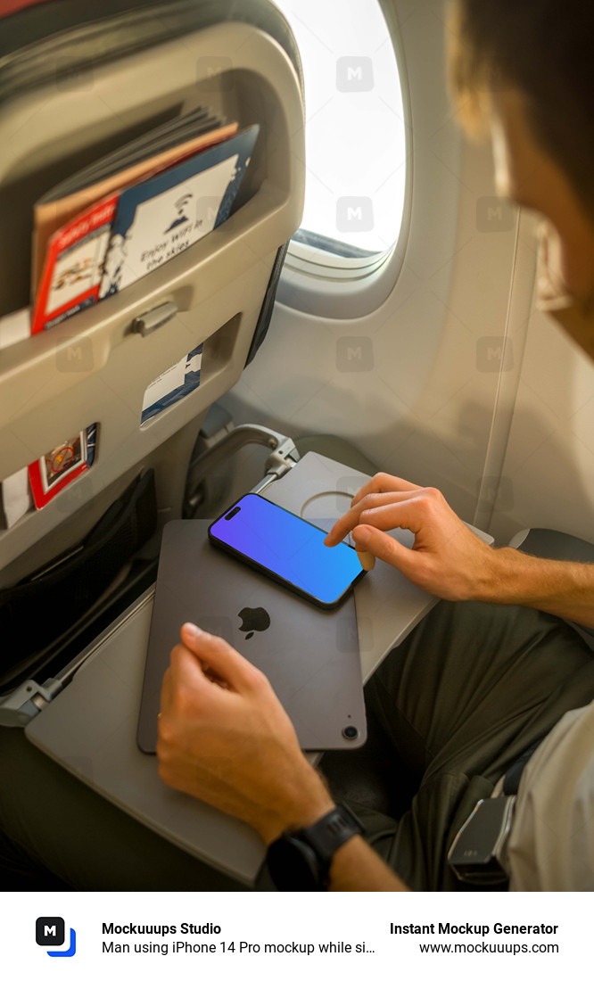 Man using iPhone 14 Pro mockup while sitting in airplane
