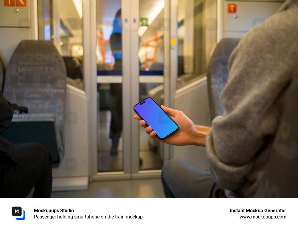 Passenger holding smartphone on the train mockup