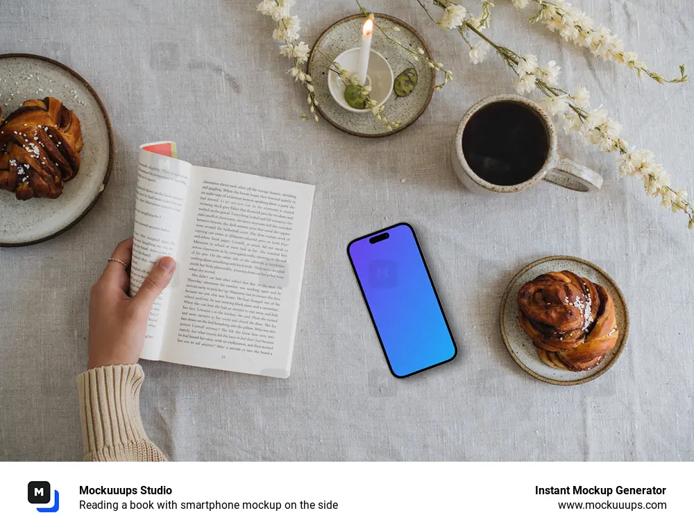 Reading a book with smartphone mockup on the side