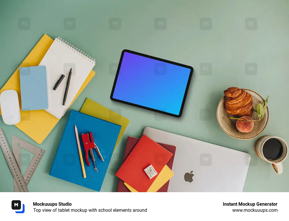 Top view of tablet mockup with school elements around