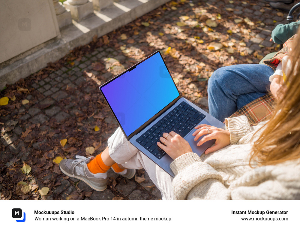 Woman working on a MacBook Pro 14 in autumn theme mockup