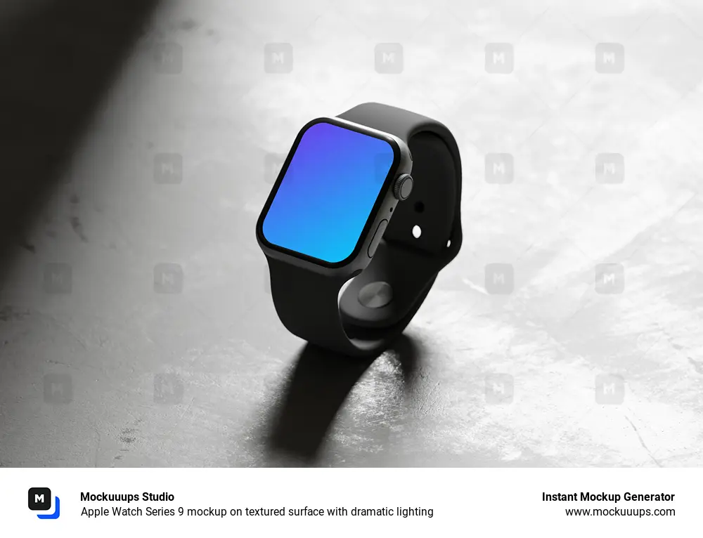 Apple Watch Series 9 mockup on textured surface with dramatic lighting