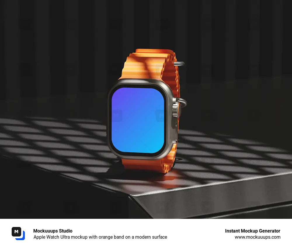 Apple Watch Ultra mockup with orange band on a modern surface