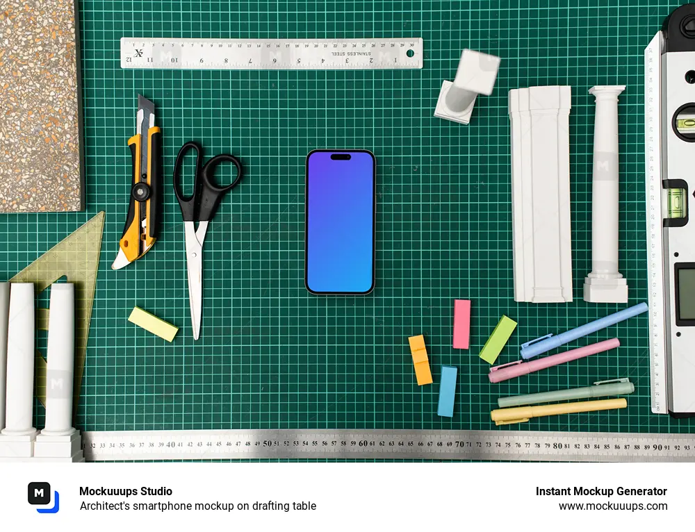 Architect's smartphone mockup on drafting table