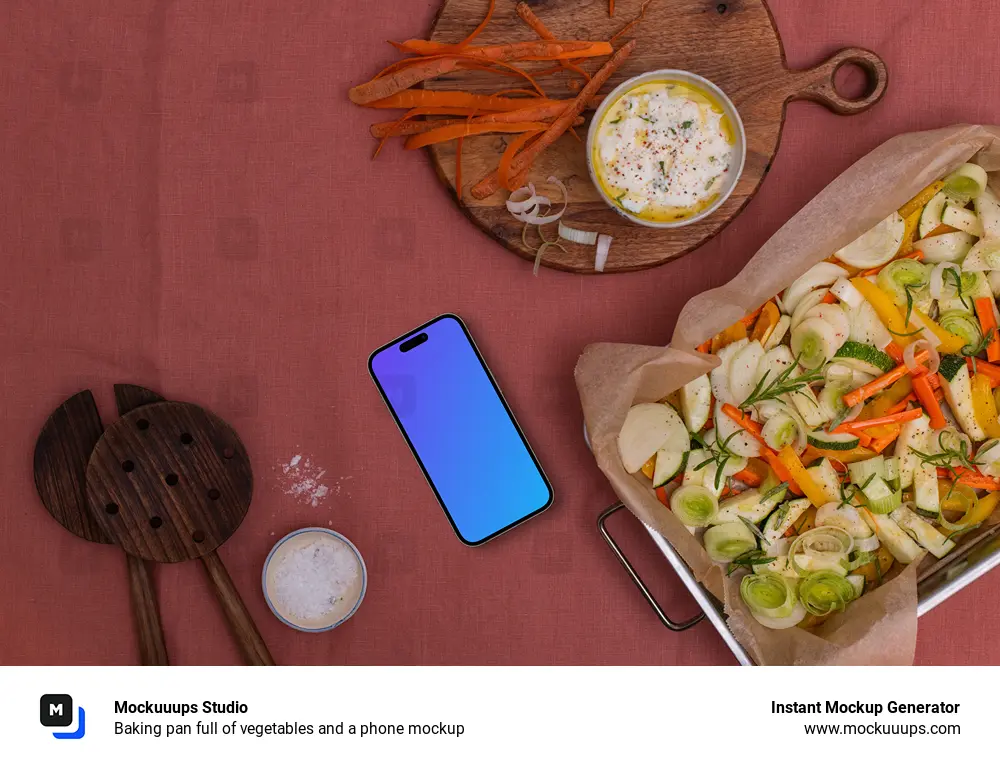 Baking pan full of vegetables and a phone mockup