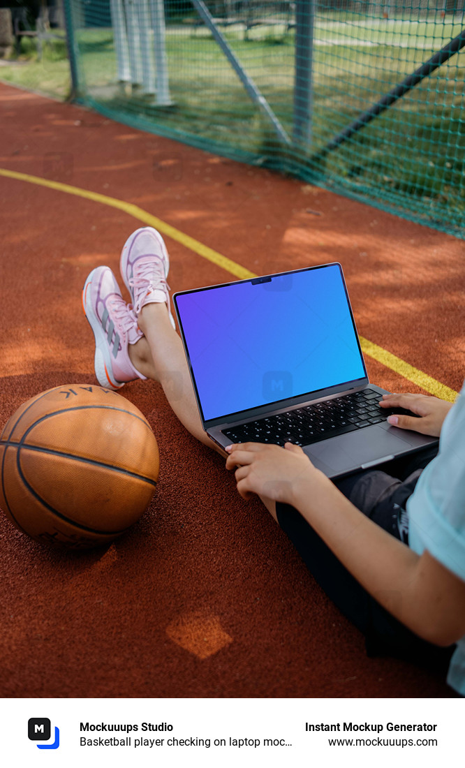 Basketball player checking on laptop mockup