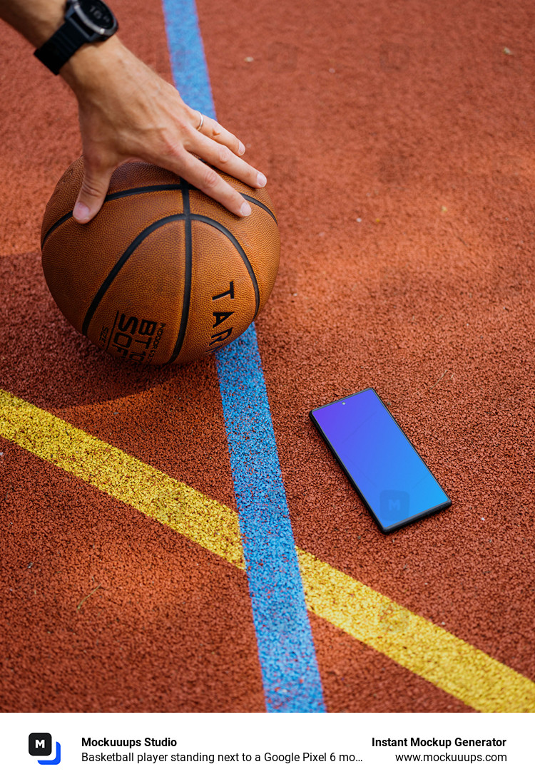 Basketball player standing next to a Google Pixel 6 mockup
