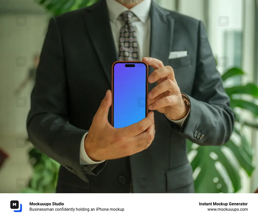 Businessman confidently holding an iPhone mockup