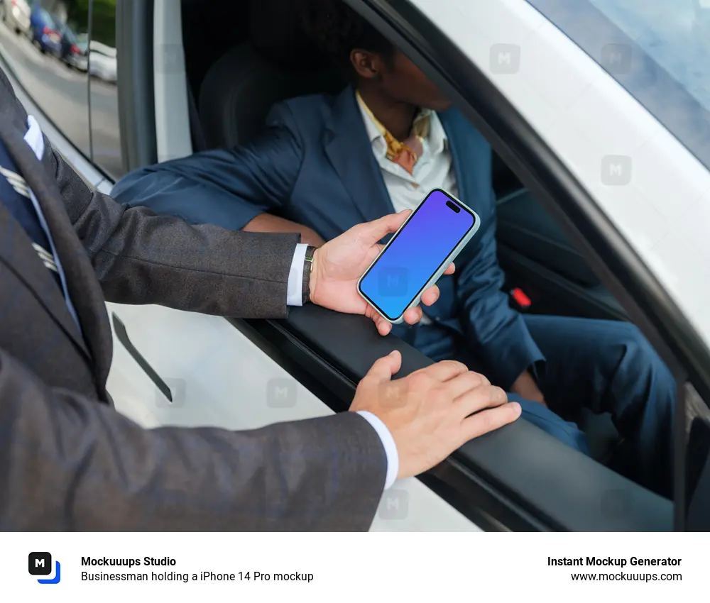 Businessman holding a iPhone 14 Pro mockup