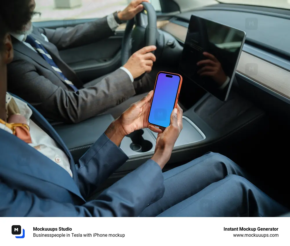 Businesspeople in Tesla with iPhone mockup
