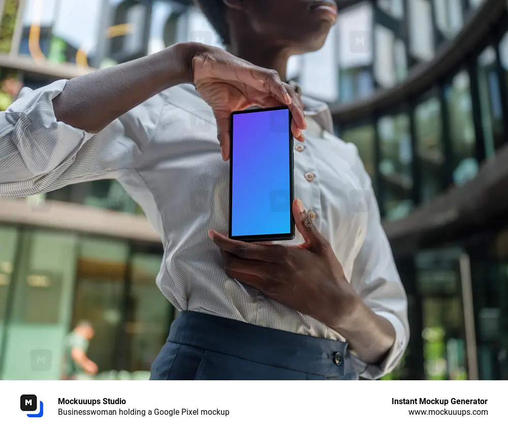 Businesswoman holding a Google Pixel mockup