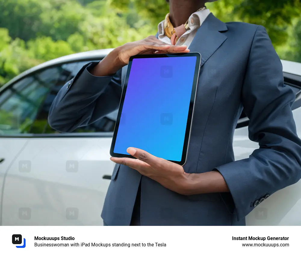 Businesswoman with iPad Mockups standing next to the Tesla