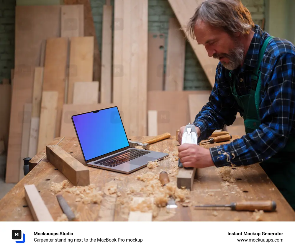 Carpenter standing next to the MacBook Pro mockup