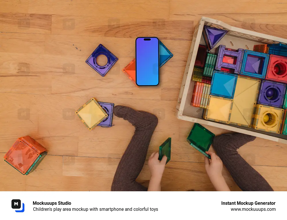 Children's play area mockup with smartphone and colorful toys