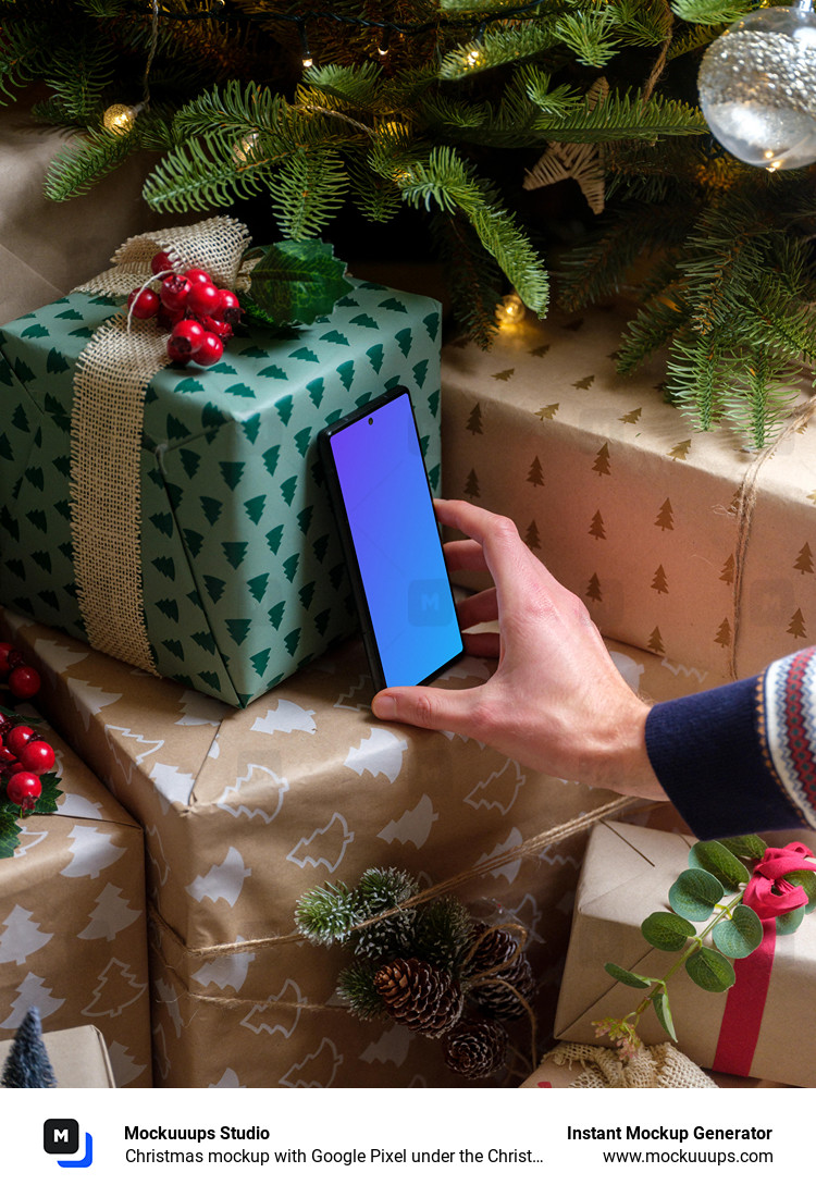 Christmas mockup with Google Pixel under the Christmas tree