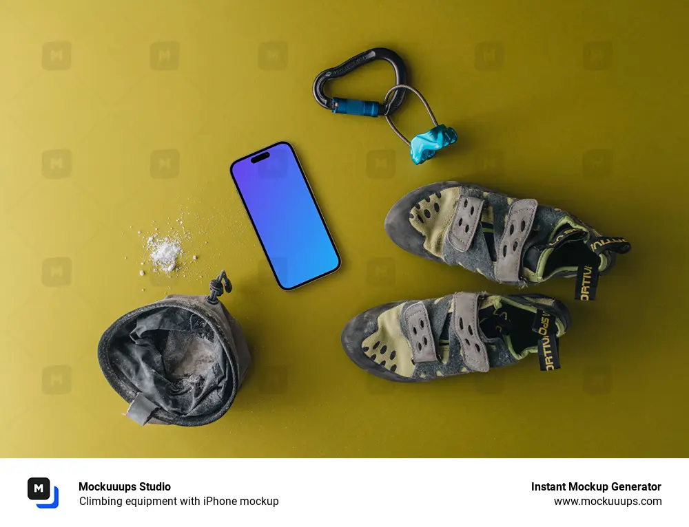 Climbing equipment with iPhone mockup