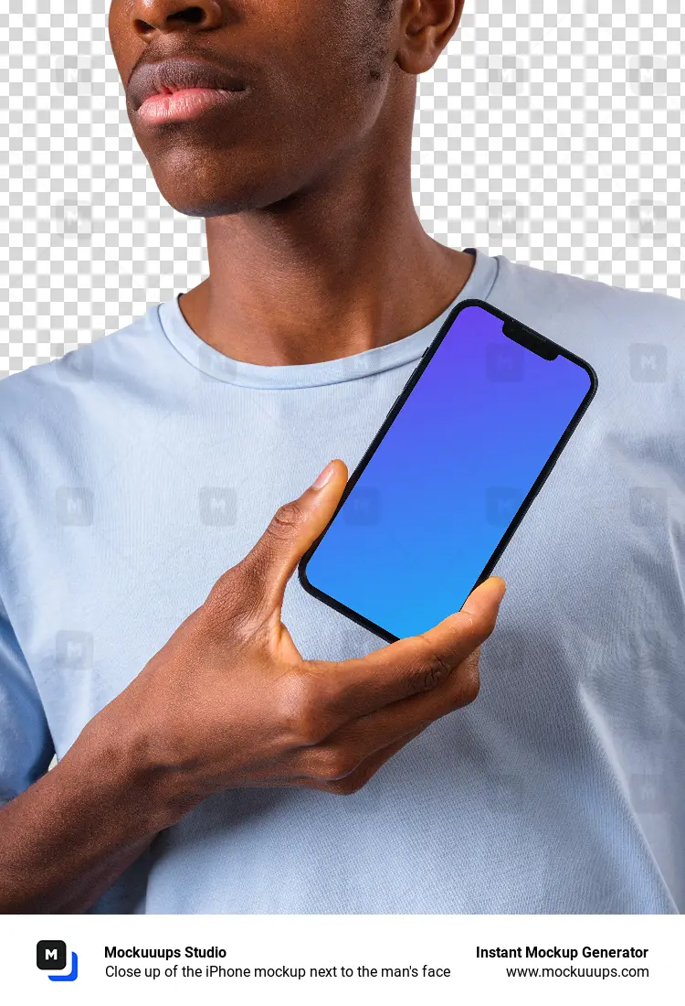 Close up of the iPhone mockup next to the man's face