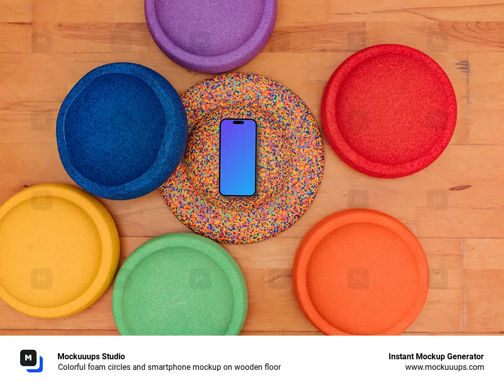 Colorful foam circles and smartphone mockup on wooden floor