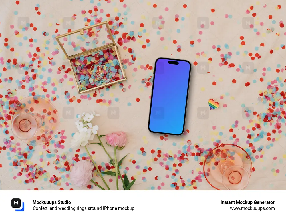 Confetti and wedding rings around iPhone mockup