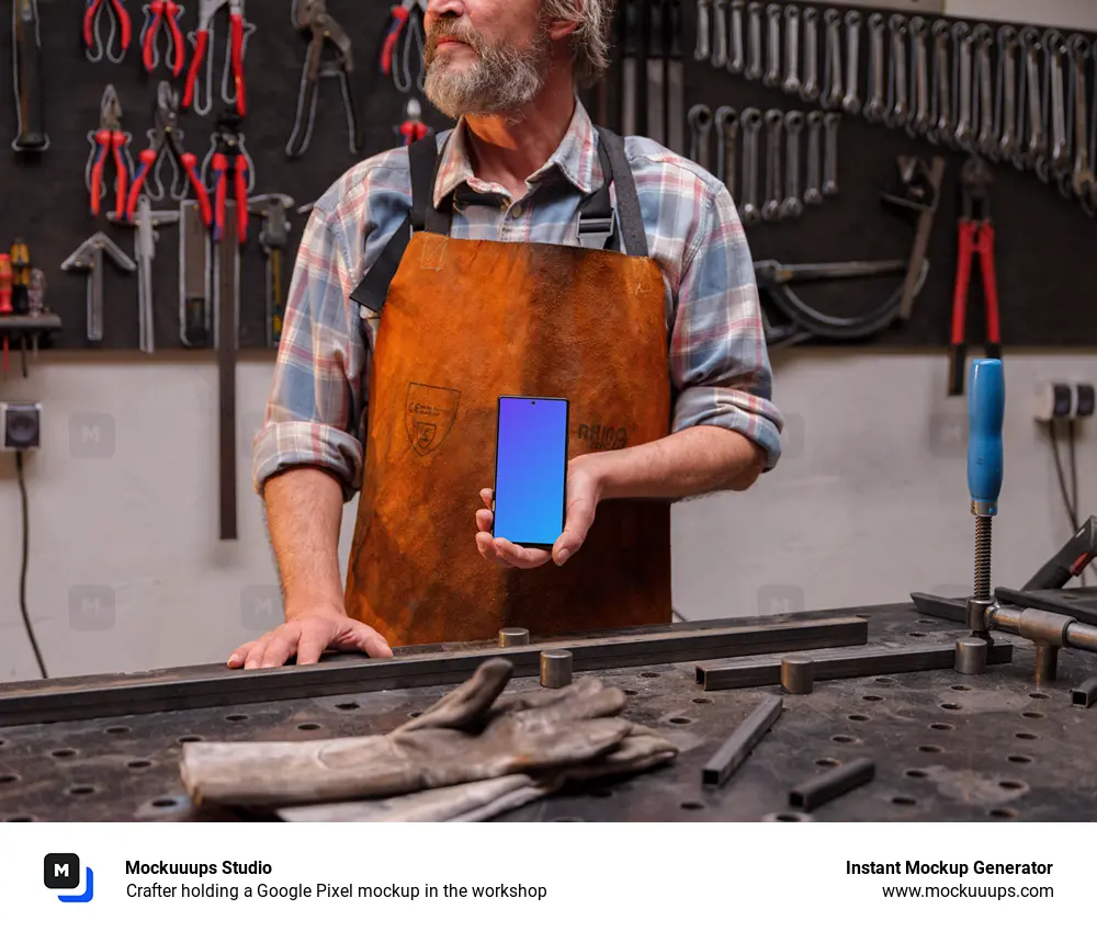 Crafter holding a Google Pixel mockup in the workshop