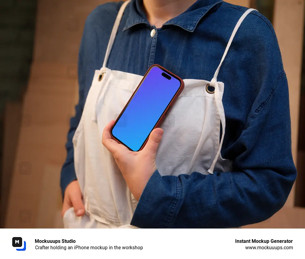 Crafter holding an iPhone mockup in the workshop