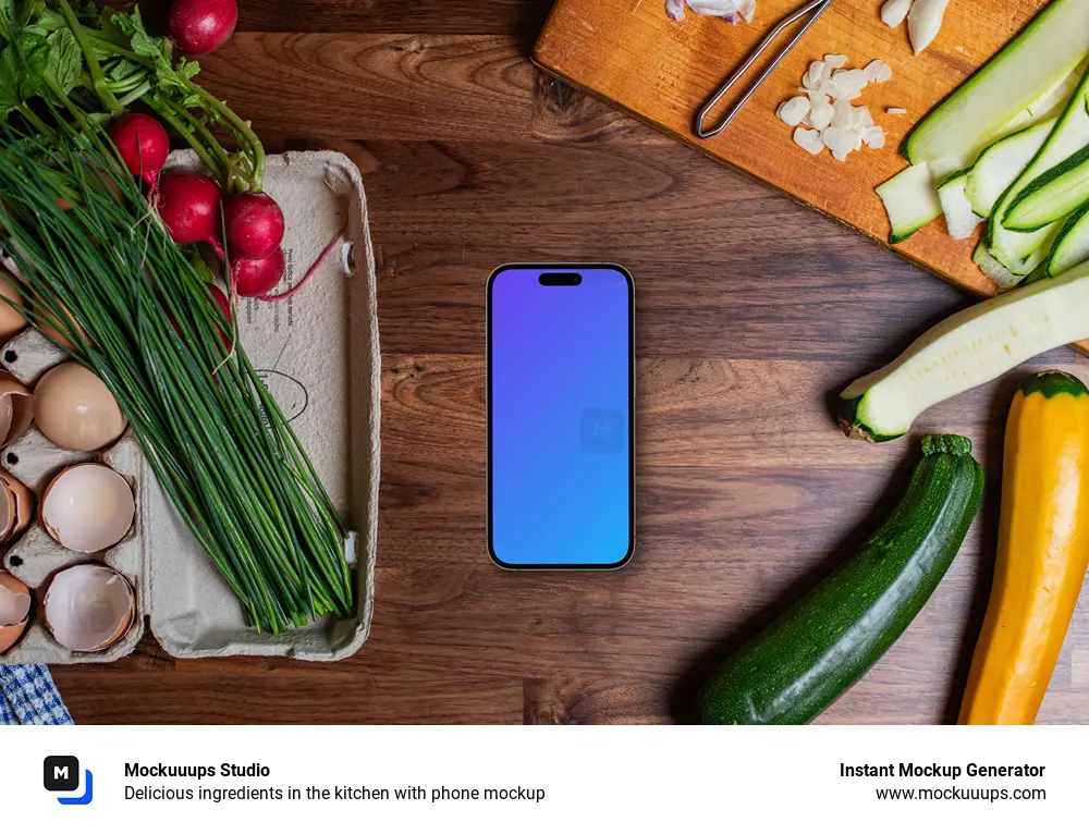 Delicious ingredients in the kitchen with phone mockup