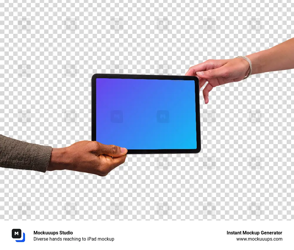 Diverse hands reaching to iPad mockup