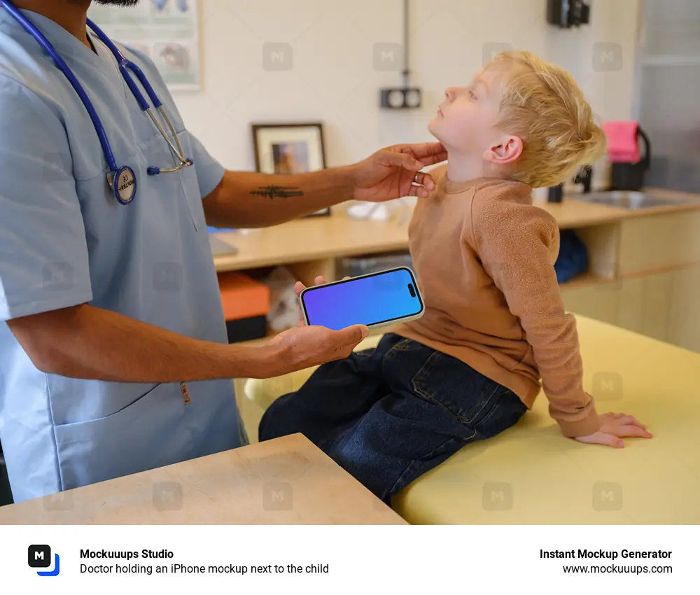 Doctor holding an iPhone mockup next to the child