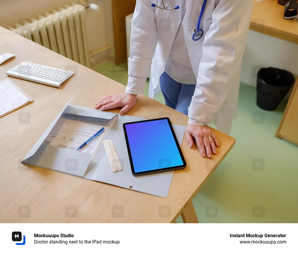 Doctor standing next to the iPad mockup