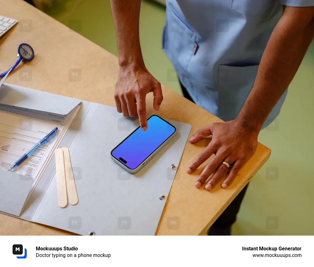 Doctor typing on a phone mockup